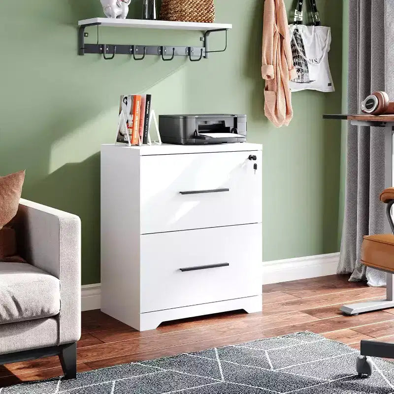 Meuble de rangement latéral en bois DEXYLLO à 2 tiroirs avec serrure, classeur pour le bureau et la maison, support d'imprimante avec mécanisme anti-basculement