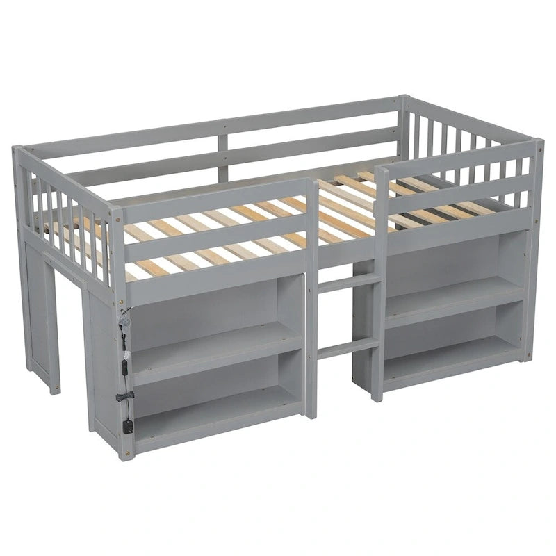 Lit mezzanine double en bois avec étagères à deux niveaux et lumière LED