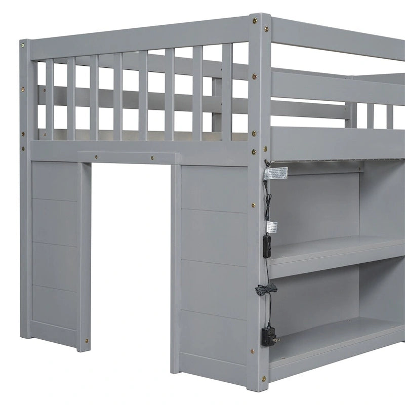Lit mezzanine double en bois avec étagères à deux niveaux et lumière LED