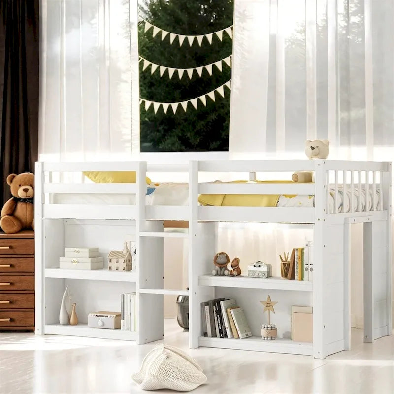 Lit mezzanine double en bois avec étagères à deux niveaux et lumière LED