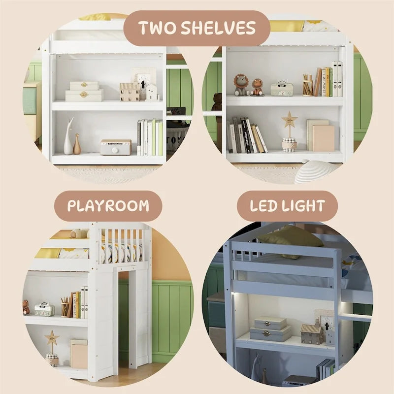 Lit mezzanine double en bois avec étagères à deux niveaux et lumière LED