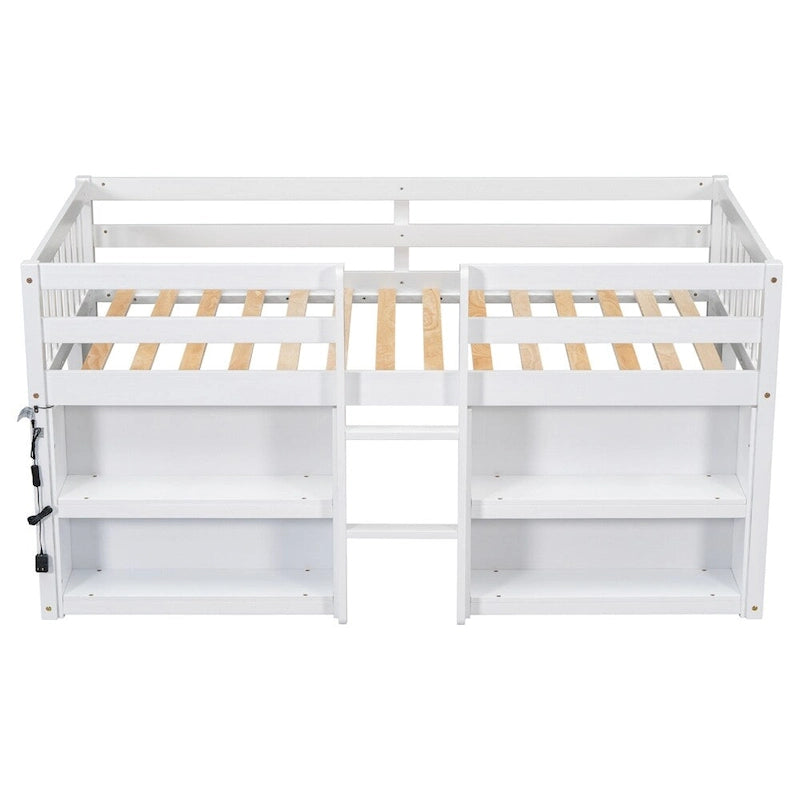 Lit mezzanine double en bois avec étagères à deux niveaux et lumière LED