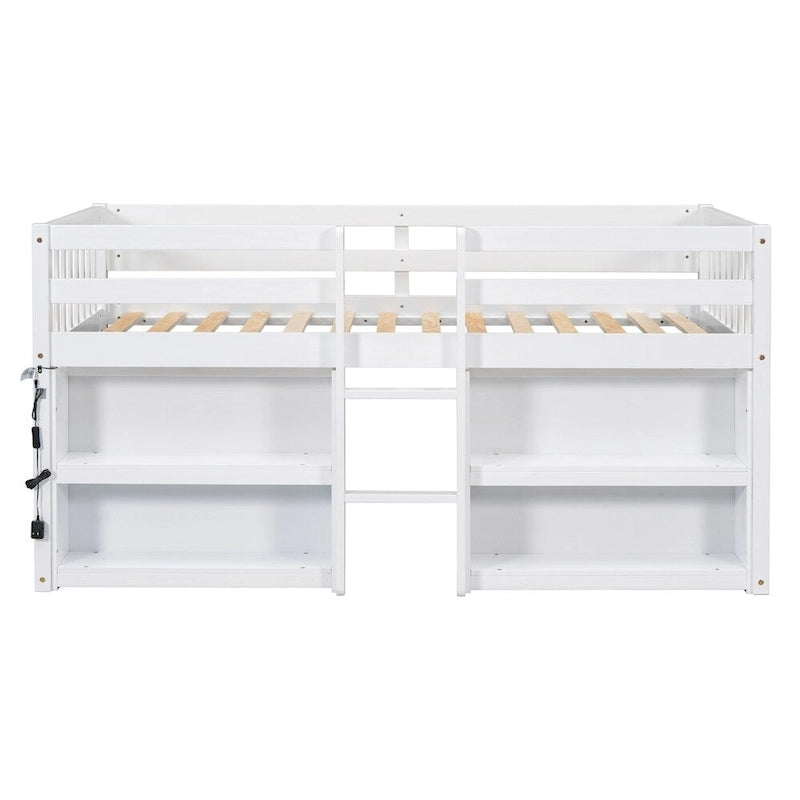 Lit mezzanine double en bois avec étagères à deux niveaux et lumière LED