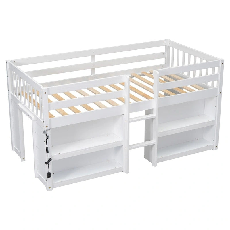 Lit mezzanine double en bois avec étagères à deux niveaux et lumière LED