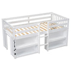 Lit mezzanine double en bois avec étagères à deux niveaux et lumière LED