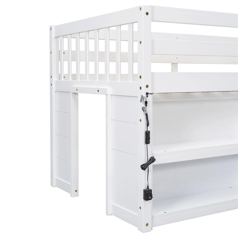 Lit mezzanine double en bois avec étagères à deux niveaux et lumière LED