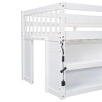 Lit mezzanine double en bois avec étagères à deux niveaux et lumière LED