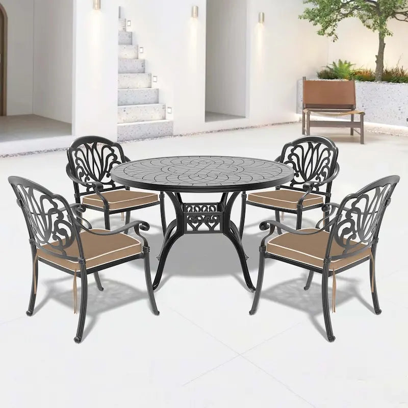Ensemble de salle à manger d'extérieur 5 ou 7 pièces en aluminium moulé avec table ronde de 120 cm et coussins d'assise de couleur aléatoire