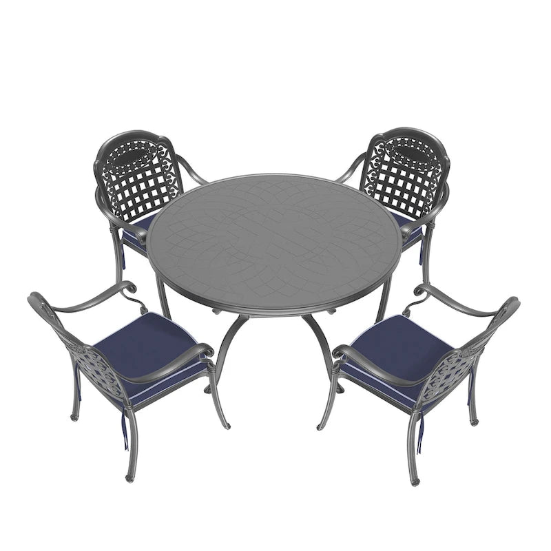 Ensemble de salle à manger d'extérieur 5 ou 7 pièces en aluminium moulé avec table ronde de 120 cm et coussins d'assise de couleur aléatoire