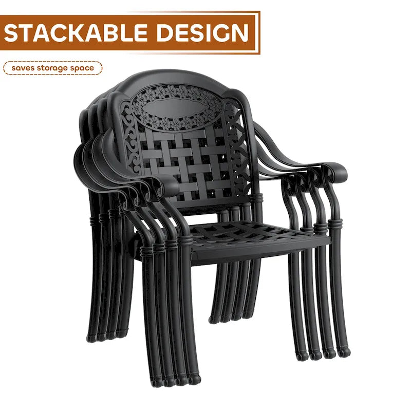 Ensemble de salle à manger d'extérieur 5 ou 7 pièces en aluminium moulé avec table ronde de 120 cm et coussins d'assise de couleur aléatoire