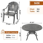 Ensemble de salle à manger d'extérieur 5 ou 7 pièces en aluminium moulé avec table ronde de 120 cm et coussins d'assise de couleur aléatoire