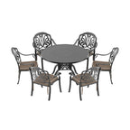 Ensemble de salle à manger d'extérieur 5 ou 7 pièces en aluminium moulé avec table ronde de 120 cm et coussins d'assise de couleur aléatoire