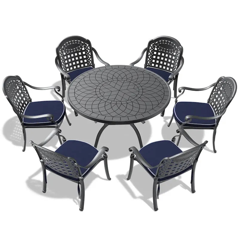 Ensemble de salle à manger d'extérieur 5 ou 7 pièces en aluminium moulé avec table ronde de 120 cm et coussins d'assise de couleur aléatoire
