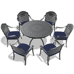 Ensemble de salle à manger d'extérieur 5 ou 7 pièces en aluminium moulé avec table ronde de 120 cm et coussins d'assise de couleur aléatoire