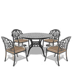 Ensemble de salle à manger d'extérieur 5 ou 7 pièces en aluminium moulé avec table ronde de 120 cm et coussins d'assise de couleur aléatoire