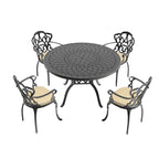 Ensemble de salle à manger d'extérieur 5 ou 7 pièces en aluminium moulé avec table ronde de 120 cm et coussins d'assise de couleur aléatoire