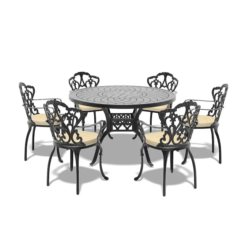 Ensemble de salle à manger d'extérieur 5 ou 7 pièces en aluminium moulé avec table ronde de 120 cm et coussins d'assise de couleur aléatoire