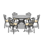 Ensemble de salle à manger d'extérieur 5 ou 7 pièces en aluminium moulé avec table ronde de 120 cm et coussins d'assise de couleur aléatoire