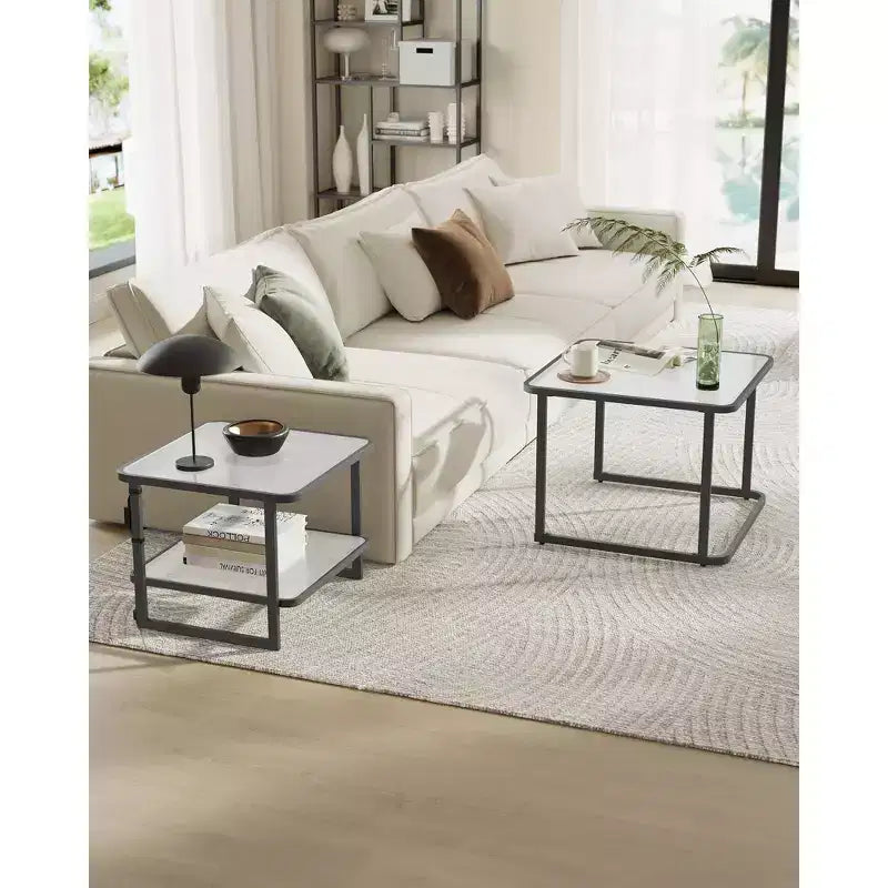 VASAGLE Tables basses gigognes, table basse en verre dépoli avec lumières LED, tables d'appoint carrées avec étagère inférieure