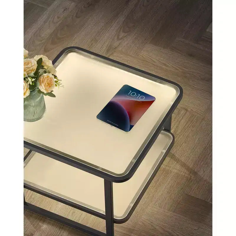 VASAGLE Tables basses gigognes, table basse en verre dépoli avec lumières LED, tables d'appoint carrées avec étagère inférieure