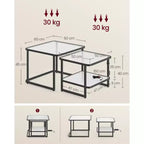 VASAGLE Tables basses gigognes, table basse en verre dépoli avec lumières LED, tables d'appoint carrées avec étagère inférieure
