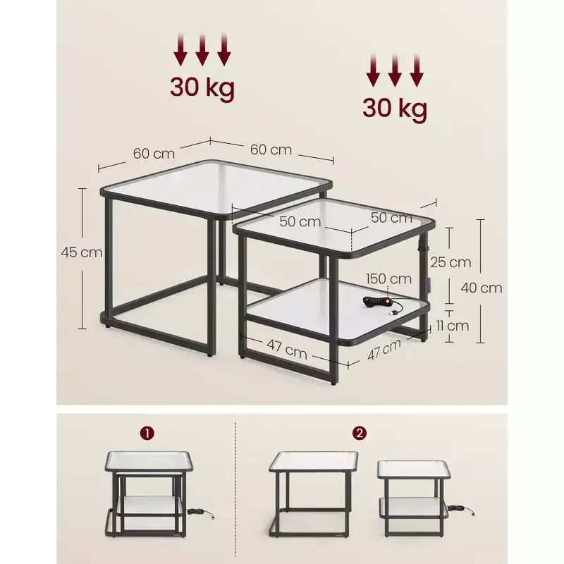VASAGLE Tables basses gigognes, table basse en verre dépoli avec lumières LED, tables d'appoint carrées avec étagère inférieure