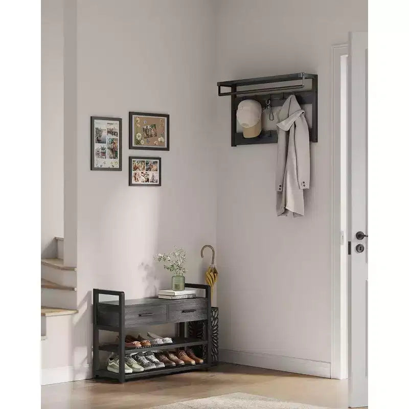 Meuble d'entrée VASAGLE avec banc et rangement à chaussures, porte-manteau avec banc à chaussures, 2 tiroirs en tissu, 10 crochets