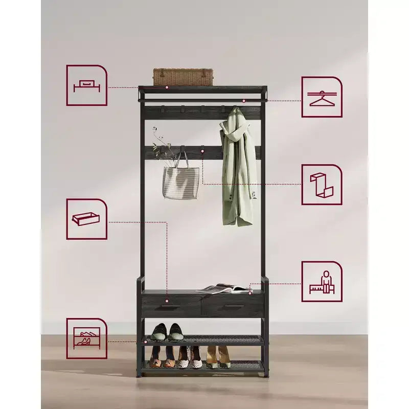Meuble d'entrée VASAGLE avec banc et rangement à chaussures, porte-manteau avec banc à chaussures, 2 tiroirs en tissu, 10 crochets