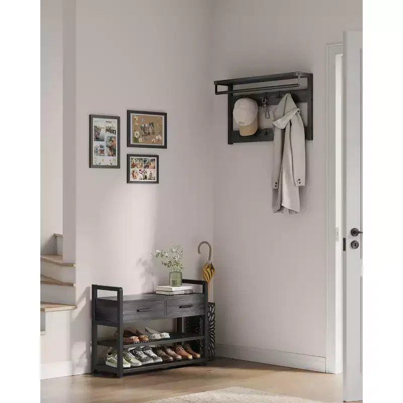 Meuble d'entrée VASAGLE avec banc et rangement à chaussures, porte-manteau avec banc à chaussures, 2 tiroirs en tissu, 10 crochets