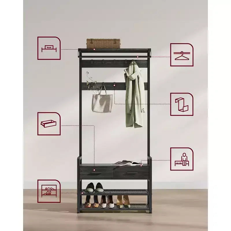Meuble d'entrée VASAGLE avec banc et rangement à chaussures, porte-manteau avec banc à chaussures, 2 tiroirs en tissu, 10 crochets