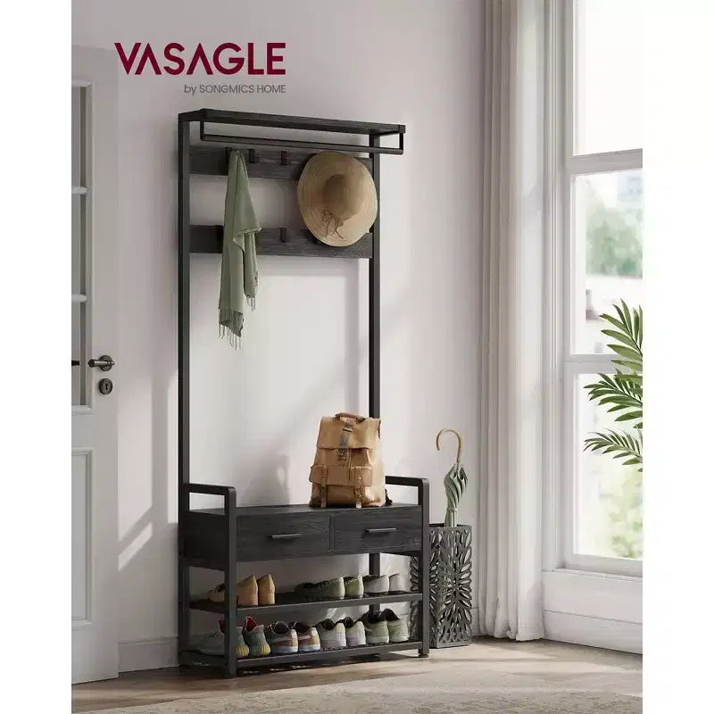 Meuble d'entrée VASAGLE avec banc et rangement à chaussures, porte-manteau avec banc à chaussures, 2 tiroirs en tissu, 10 crochets