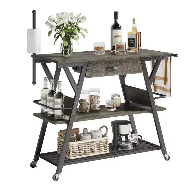Bestier Chariot de Cuisine sur Roues, Desserte de Bar avec Étagère à 3 Niveaux, Îlot de Cuisine Roulant, Desserte de Service Bar à Café