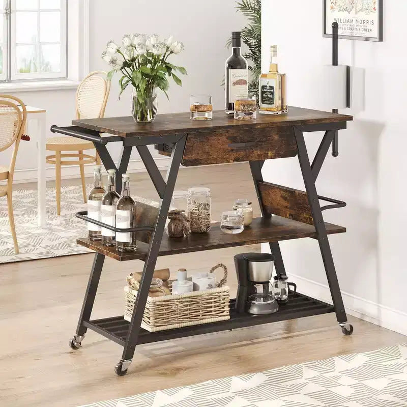 Bestier Chariot de Cuisine sur Roues, Desserte de Bar avec Étagère à 3 Niveaux, Îlot de Cuisine Roulant, Desserte de Service Bar à Café