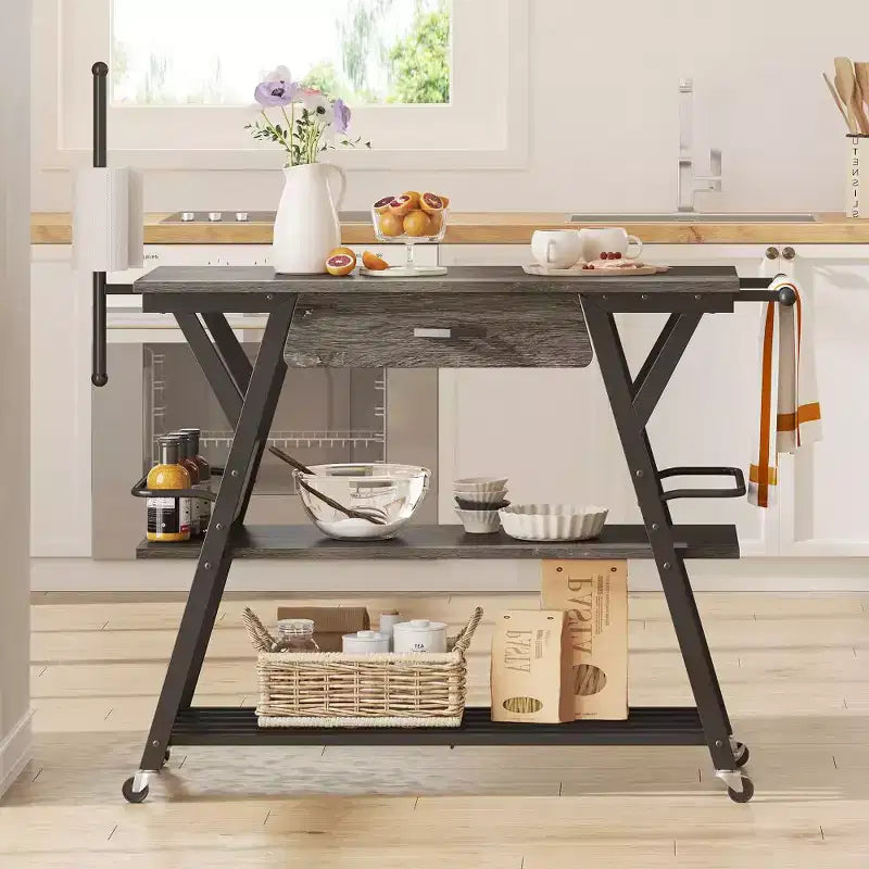 Bestier Chariot de Cuisine sur Roues, Desserte de Bar avec Étagère à 3 Niveaux, Îlot de Cuisine Roulant, Desserte de Service Bar à Café