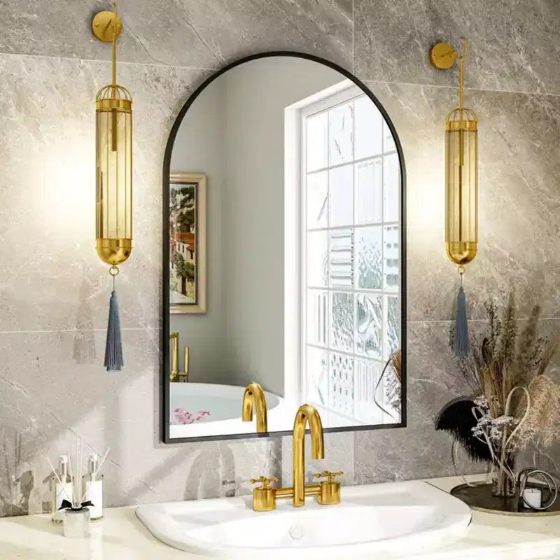 Miroir de cheminée cintré 24 x 36, Noir/Doré-HOMLUX : Cadre métallique, Montage mural, Décoration moderne