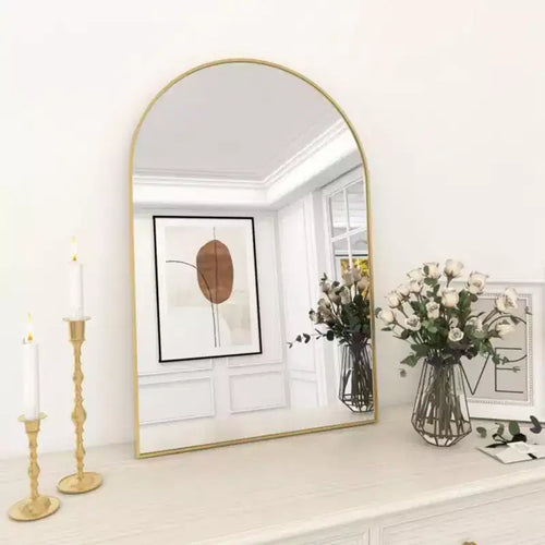 Miroir de cheminée cintré 24 x 36, Noir/Doré-HOMLUX : Cadre métallique, Montage mural, Décoration moderne