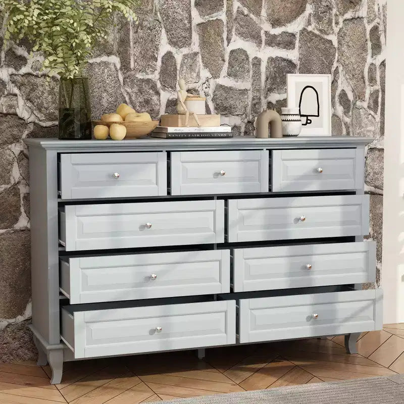 Commode Famapy à 9 Tiroirs Style Classique Poignées Boutons en Métal 5 Pieds de Support
