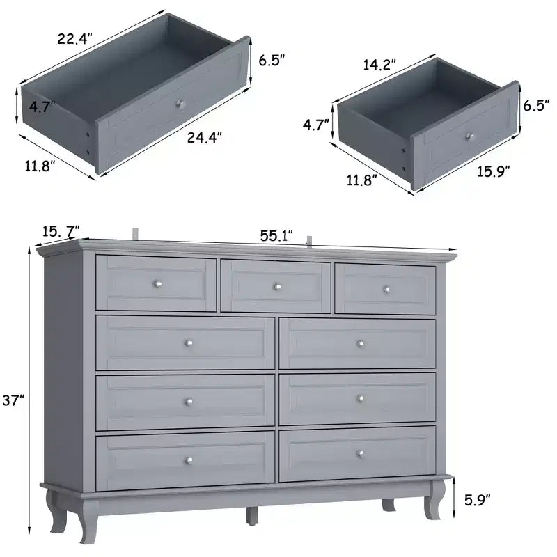 Commode Famapy à 9 Tiroirs Style Classique Poignées Boutons en Métal 5 Pieds de Support