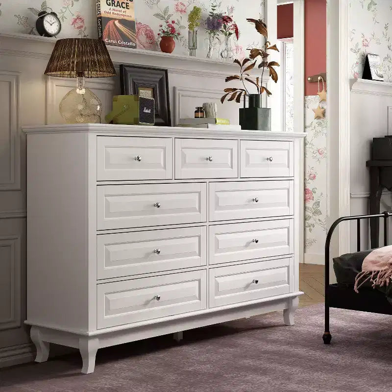Commode Famapy à 9 Tiroirs Style Classique Poignées Boutons en Métal 5 Pieds de Support