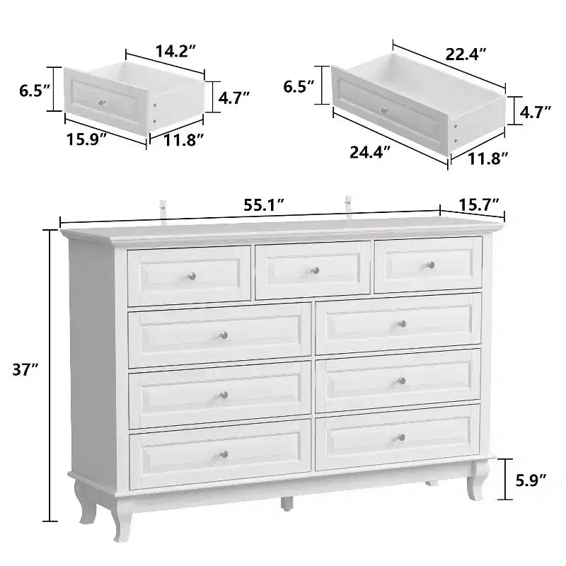Commode Famapy à 9 Tiroirs Style Classique Poignées Boutons en Métal 5 Pieds de Support