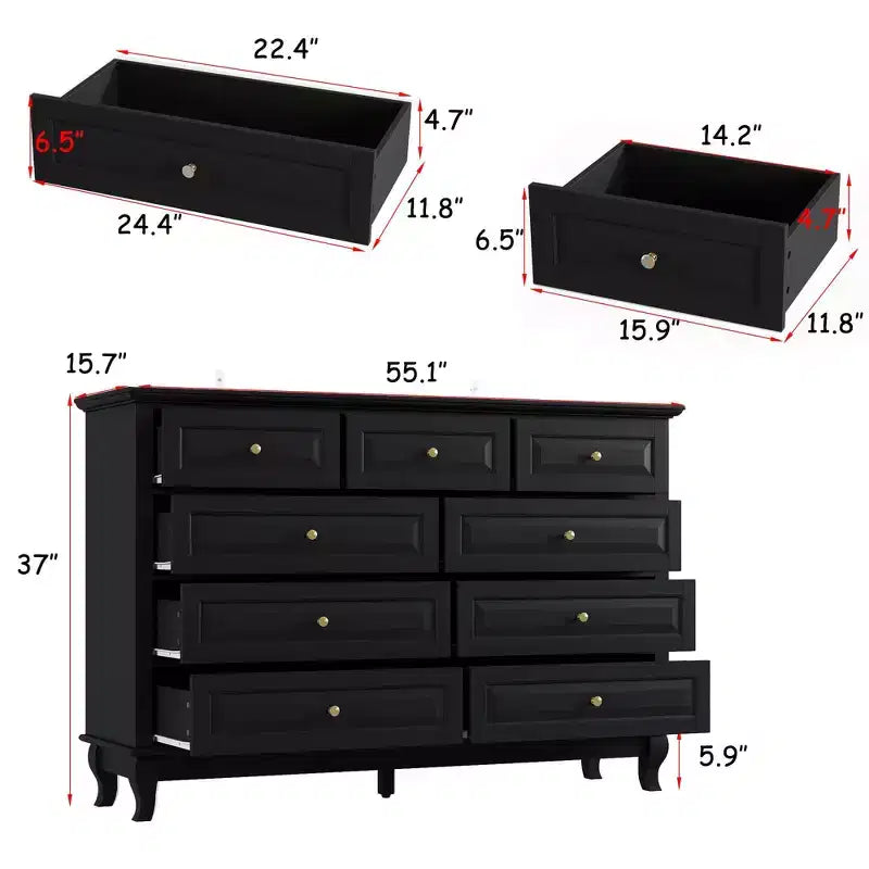 Commode Famapy à 9 Tiroirs Style Classique Poignées Boutons en Métal 5 Pieds de Support
