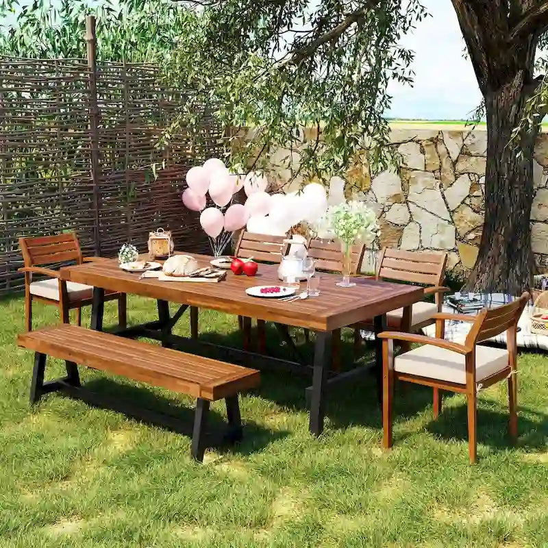 Ensemble de salle à manger d'extérieur en bois pour 7-8 personnes avec coussins amovibles et table