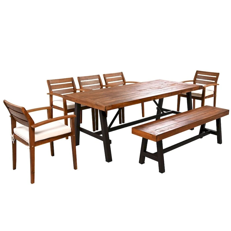 Ensemble de salle à manger d'extérieur en bois pour 7-8 personnes avec coussins amovibles et table