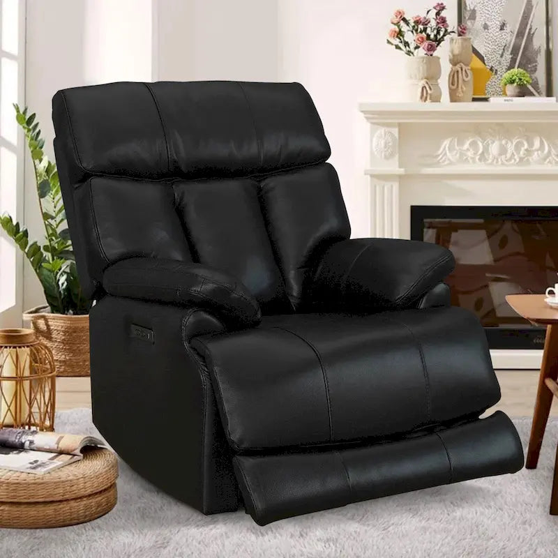 Fauteuil inclinable électrique en cuir véritable noir Zéro gravité Double motorisation Têtière réglable Repose-pieds extensible