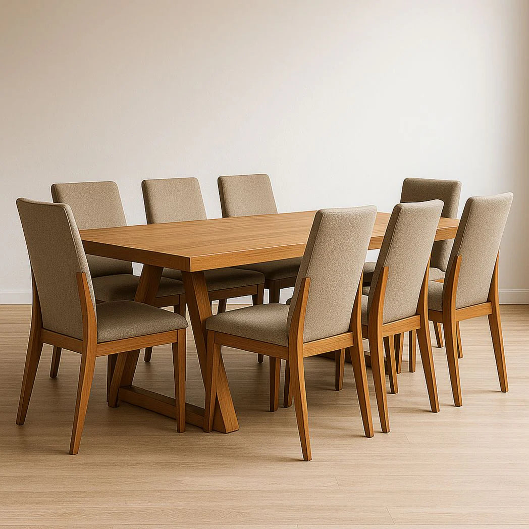 Solid wood rectangular dining table set and 8 beige fabric chairs