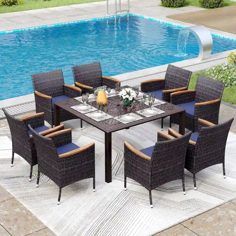 Ensemble de salle à manger d'extérieur 9 pièces en rotin avec trou pour parasol