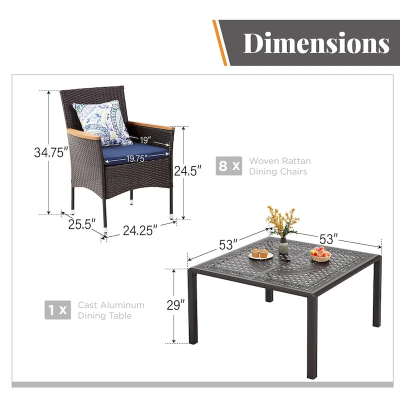 Ensemble de salle à manger d'extérieur 9 pièces en rotin avec trou pour parasol