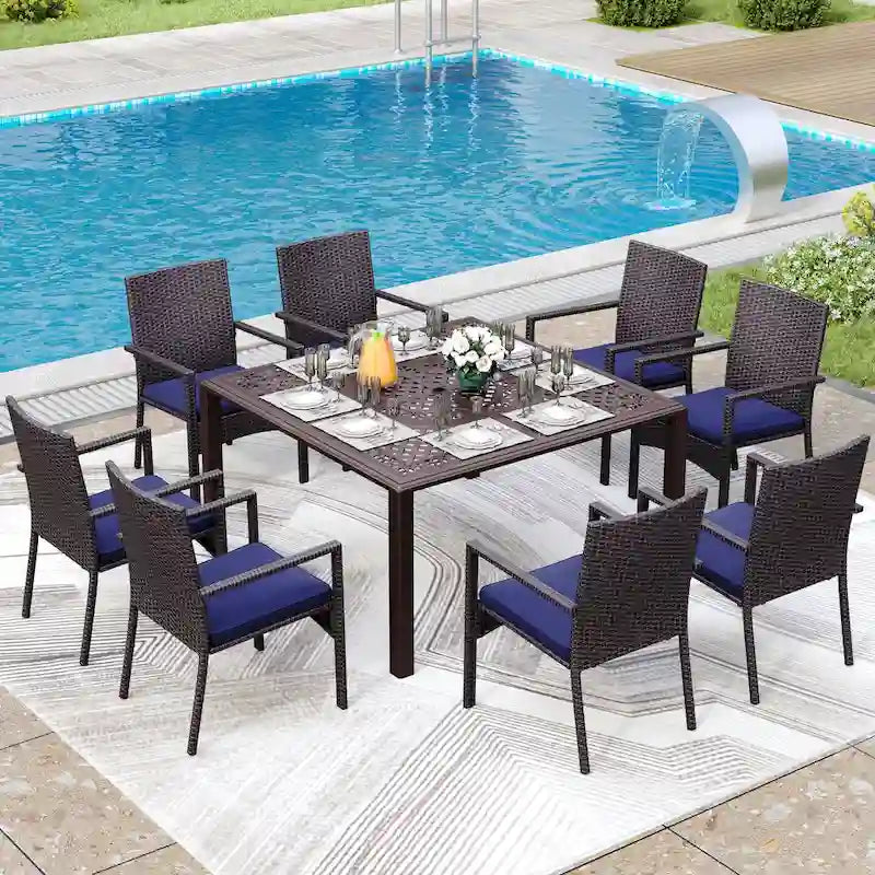 Ensemble de salle à manger d'extérieur 9 pièces en rotin avec trou pour parasol