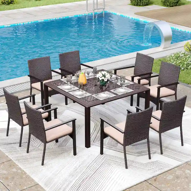 Ensemble de salle à manger d'extérieur 9 pièces en rotin avec trou pour parasol