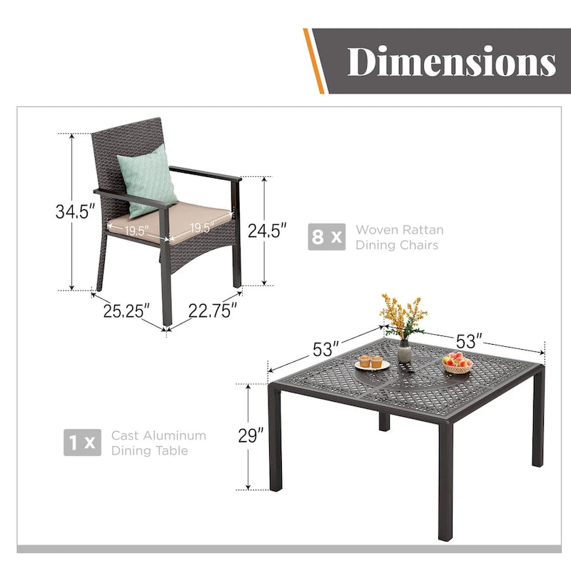 Ensemble de salle à manger d'extérieur 9 pièces en rotin avec trou pour parasol